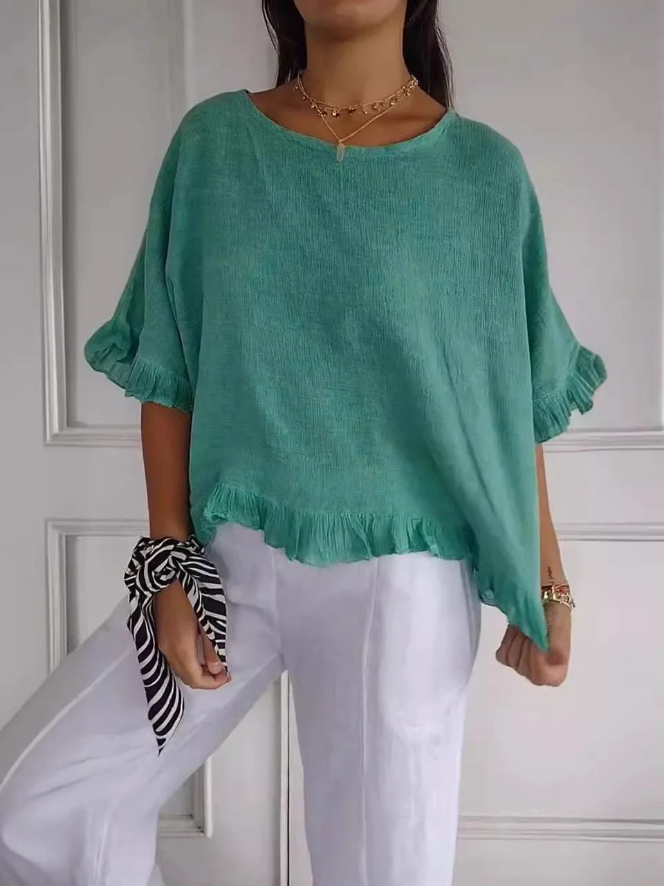 Sandra | Cotton Linen Blouse with Ruffles